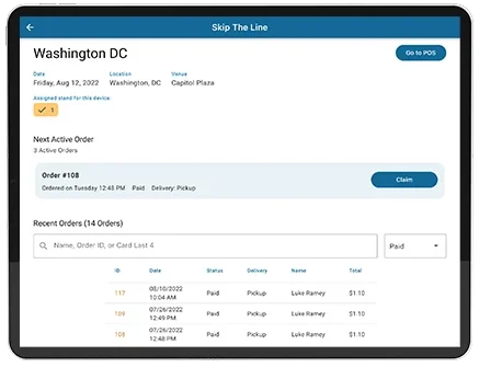 Skip The Line's merch fulfillment dashboard on a tablet