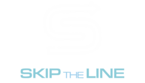 white and blue skip the line brand logo with transparent background